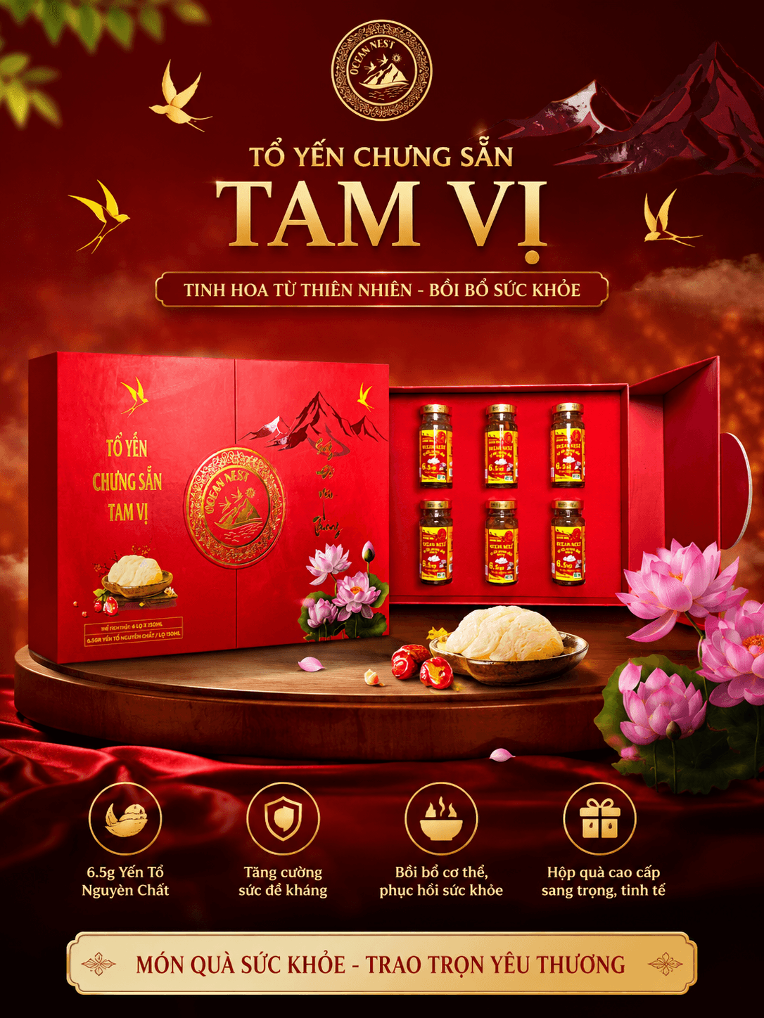 Tổ Yến Chưng Sẵn Tam Vị - 6.5GR Yến Tổ Nguyên Chất